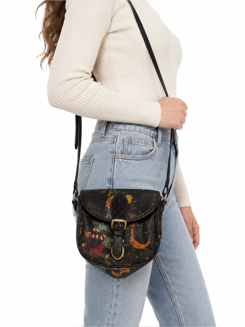 Piero Guidi Vintage Y2K Rare Magic Circus Black Leather Crossbody Saddle Bag